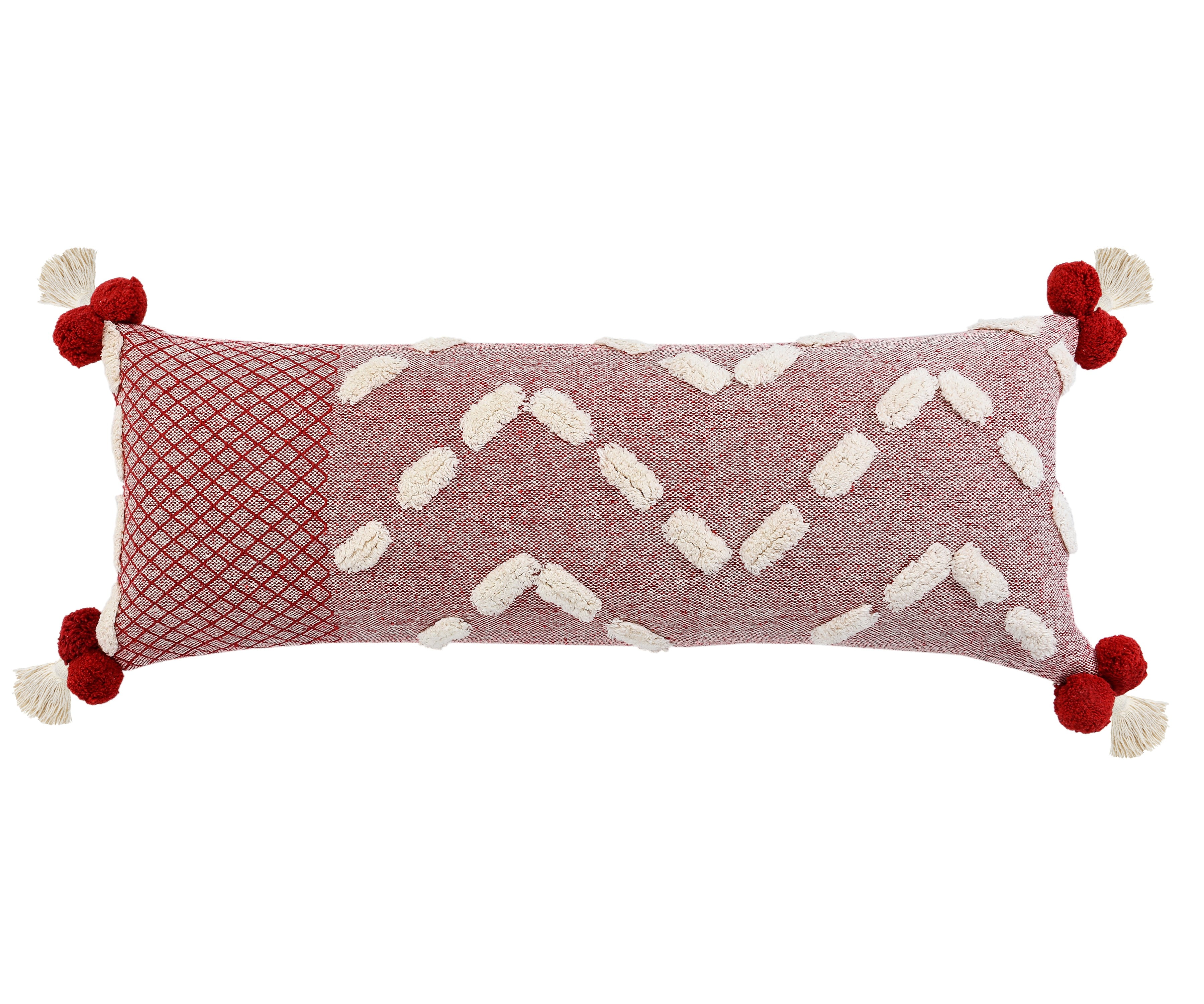 Heute Red and Cream Bohemian Lumbar Pillow with Pom-Poms