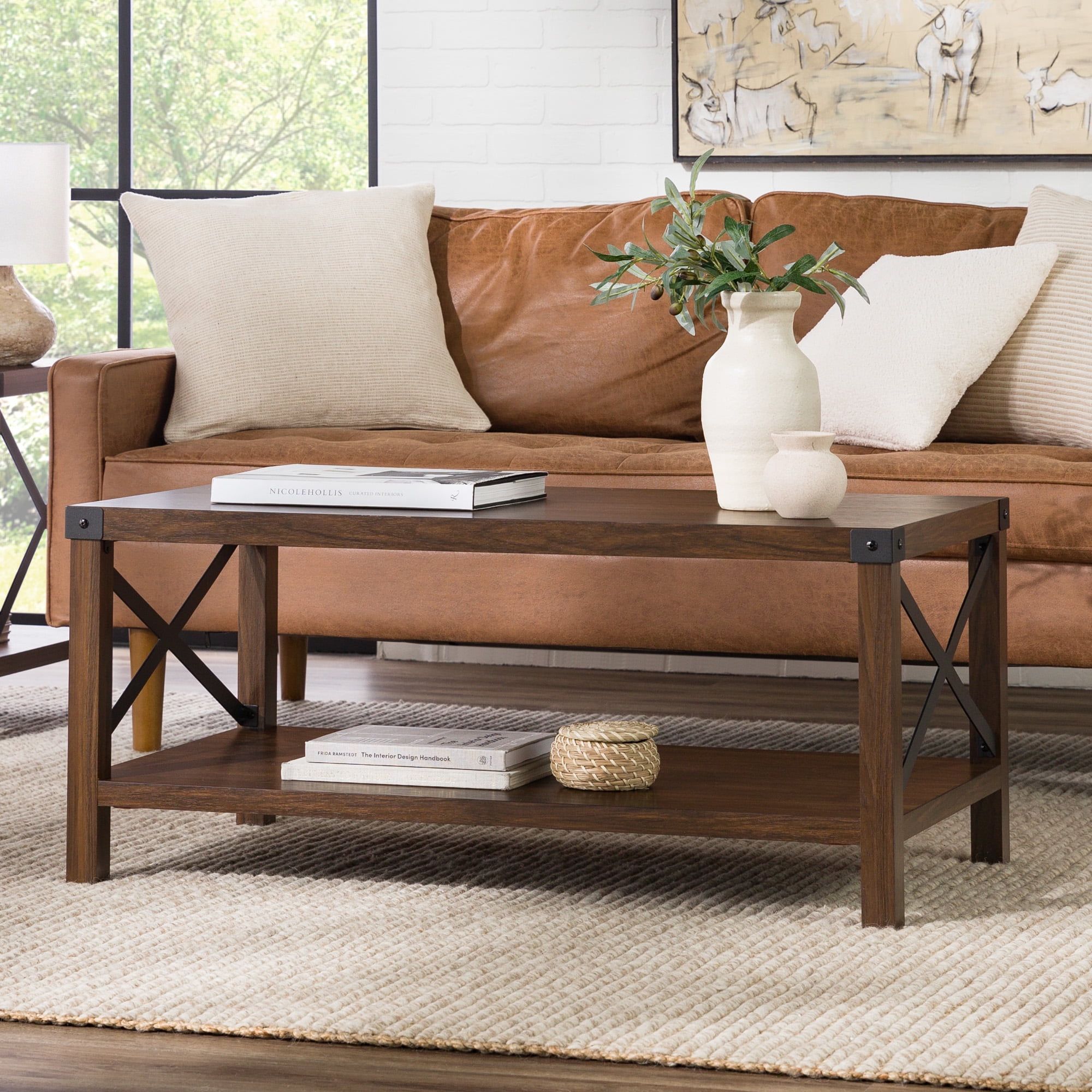 Desert Fields Magnolia Metal X Coffee Table, Dark Walnut