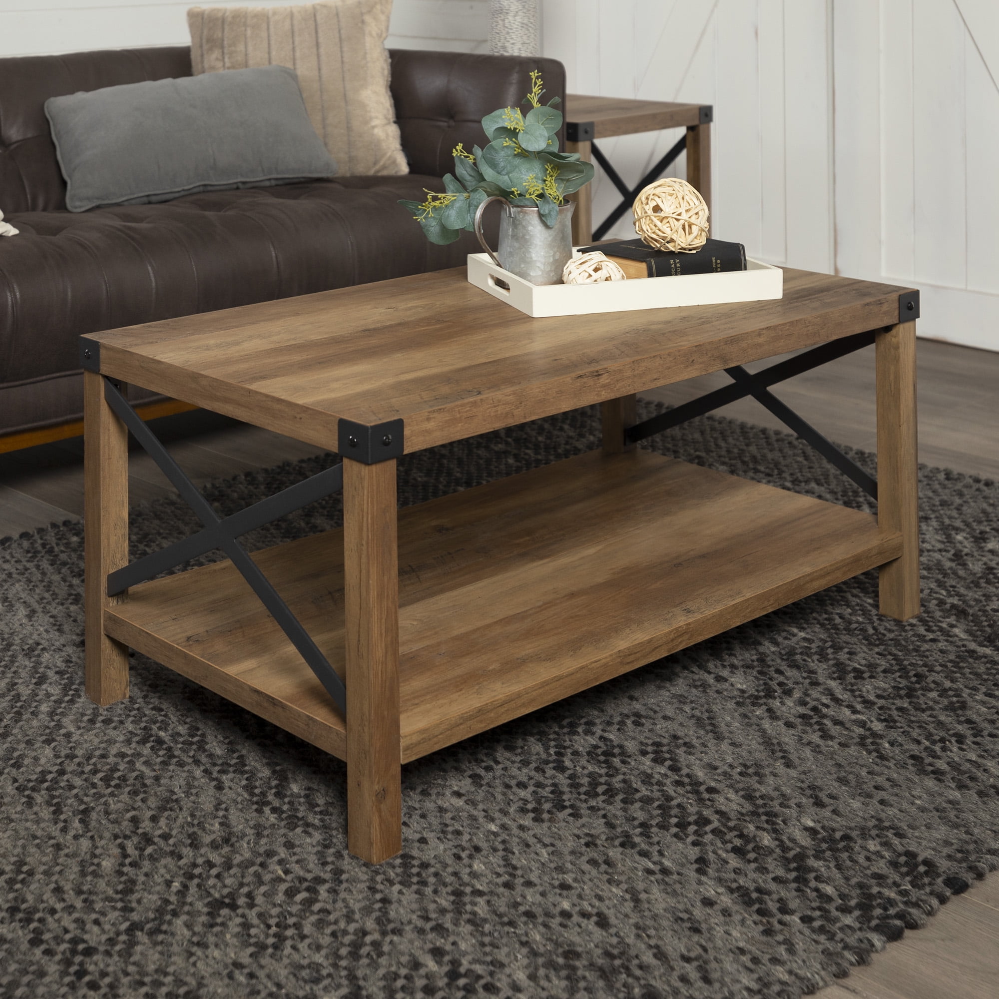 Desert Fields Magnolia Metal X Coffee Table, Reclaimed Barnwood