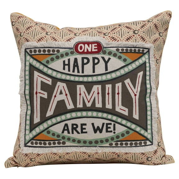 Desert Fields "One Happy Family Are We!" Reversible Cotton Stamp Pillow with Solid Back
