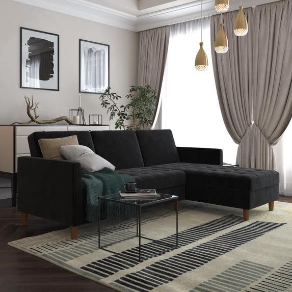 Desert Fields Presley Reversible Storage Sectional Futon, Black Chenille