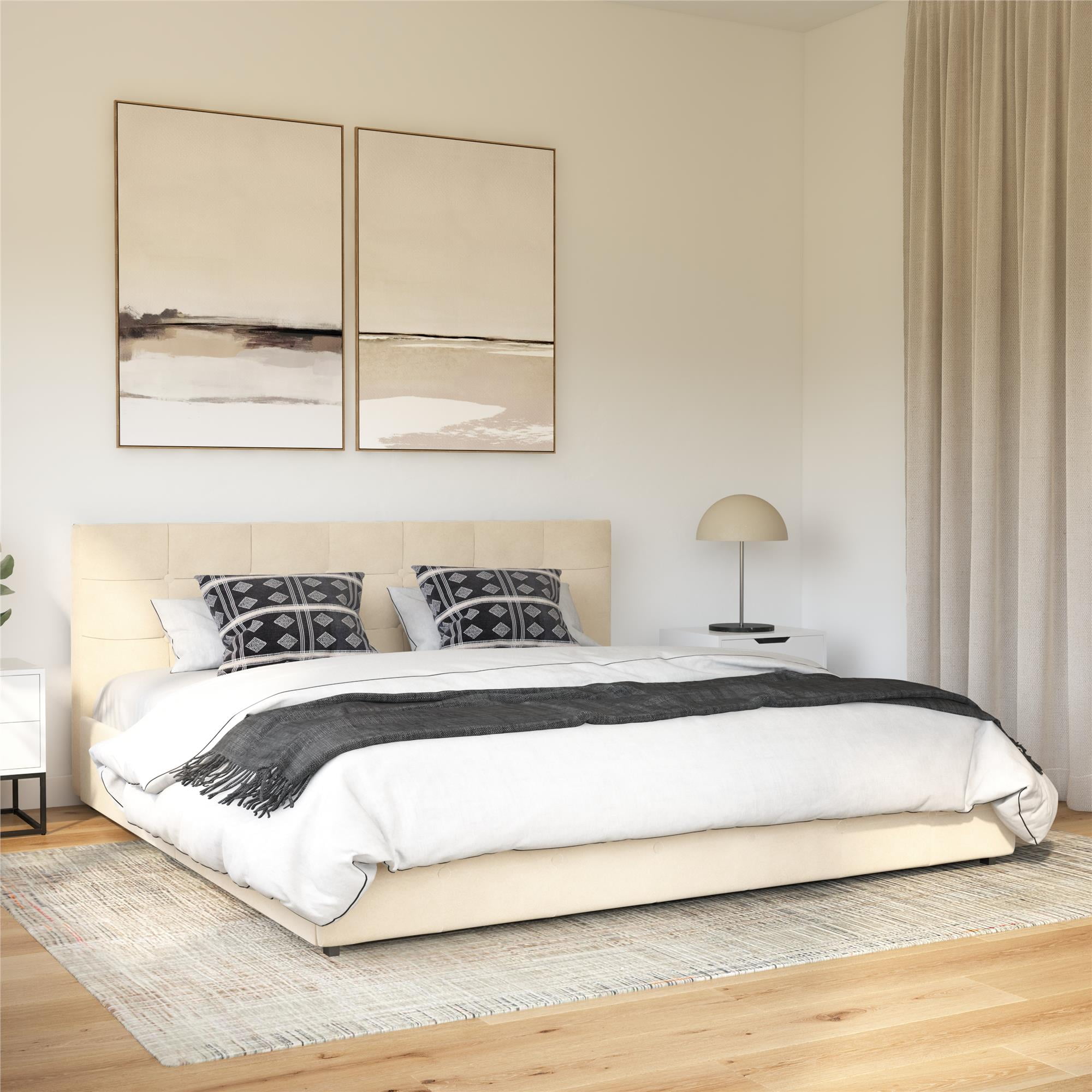 Desert Fields Rose Tufted Upholstered Storage Bed Frame, King, Ivory Velvet