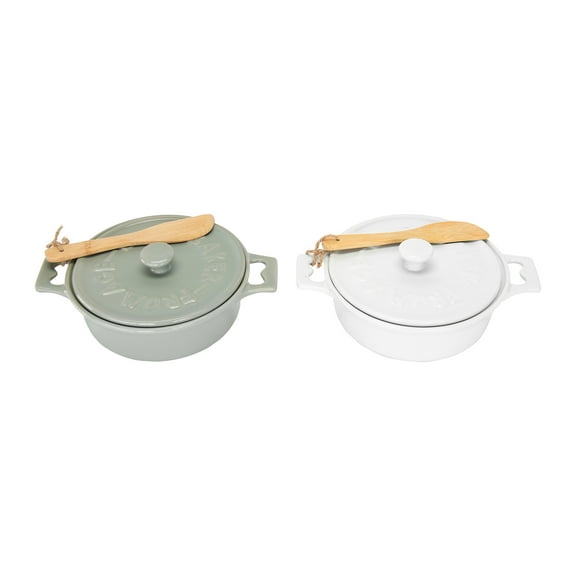 Desert Fields Round Stoneware Brie Bakers with Lids & Wood Spreaders (Set of 2 Colors)