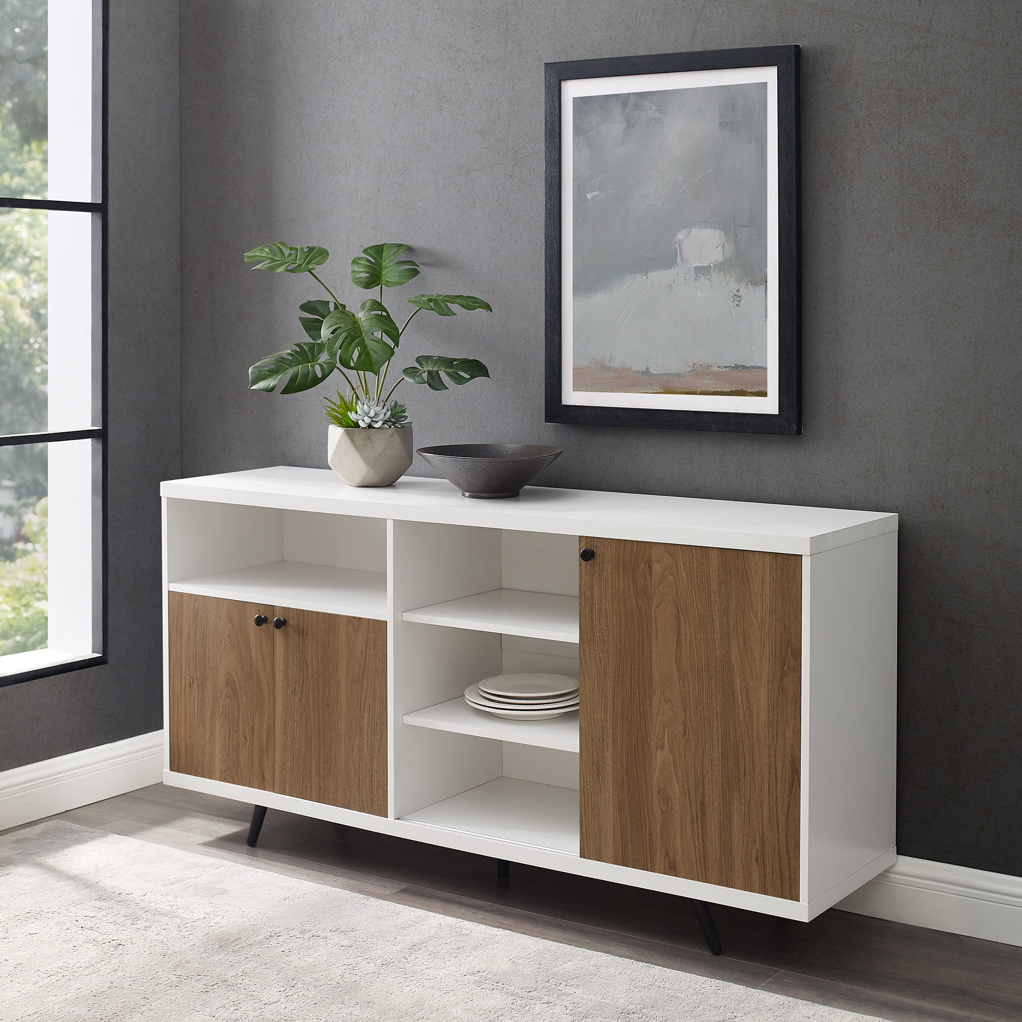 Desert Fields Tatum Modern A-Symmetrical 3-Door Sideboard, White/English Oak
