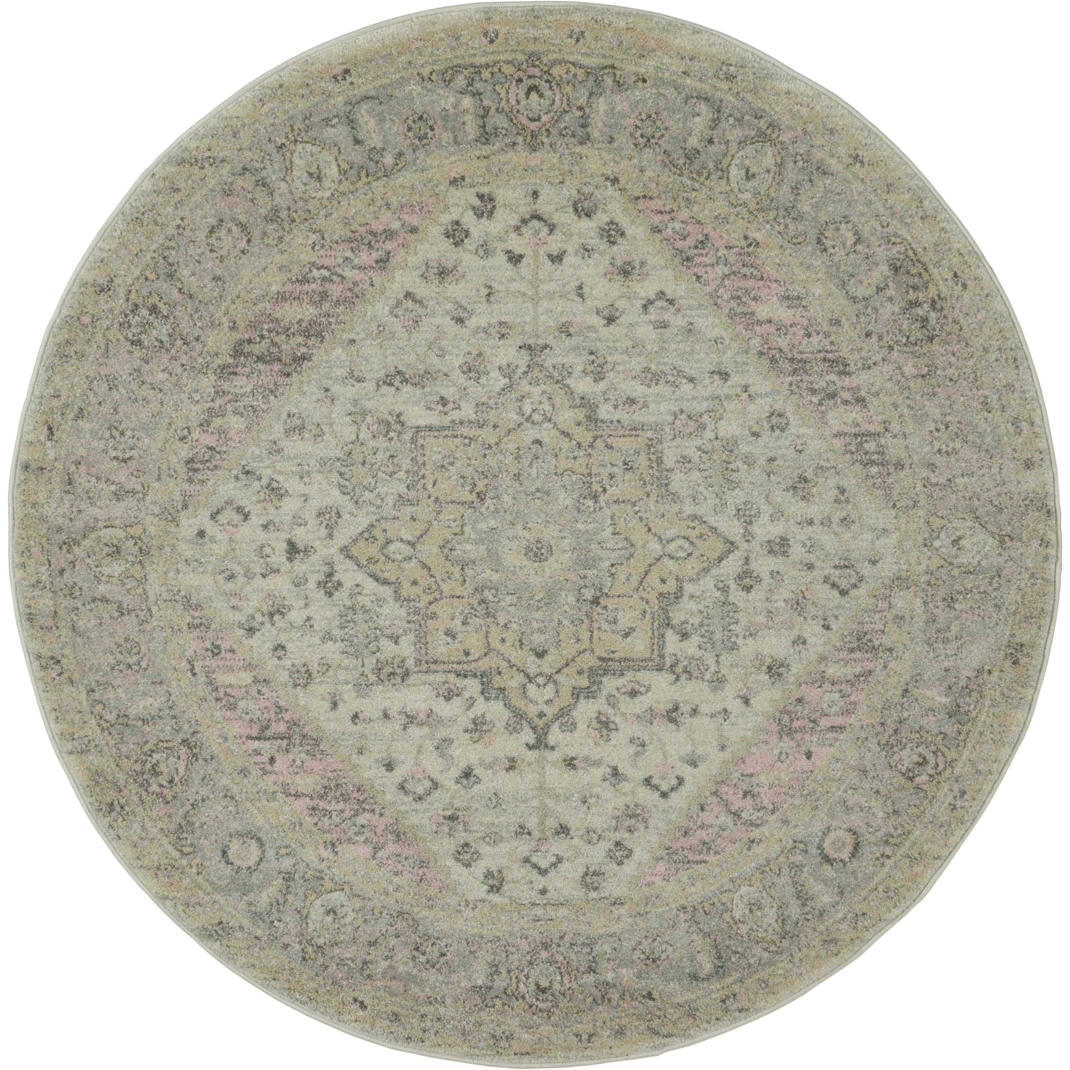 Serene Distressed Persian Ivory/Pink 5'3" x ROUND Area Rug, (5' Round)