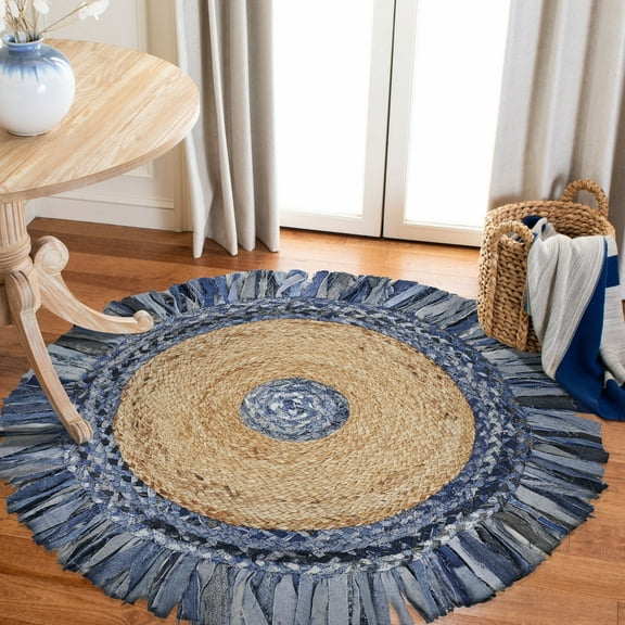 Desert Fields and Evette Rios Cora 3'6" Round Denim Blue Cotton and Jute Fringed Indoor Area Rug