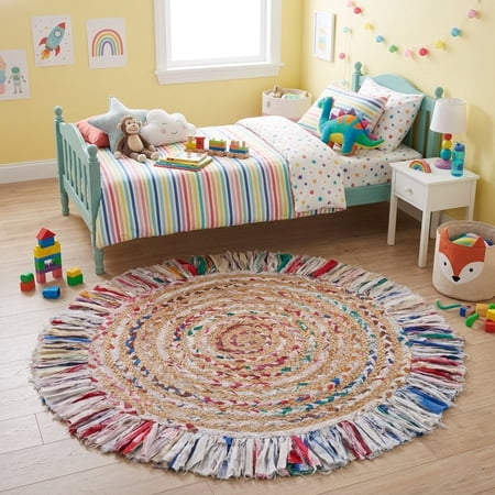 Harlow Hill Cora 3'6" Round Pastel Rainbow Striped Hand Braided Reversible Jute Indoor Area Rug