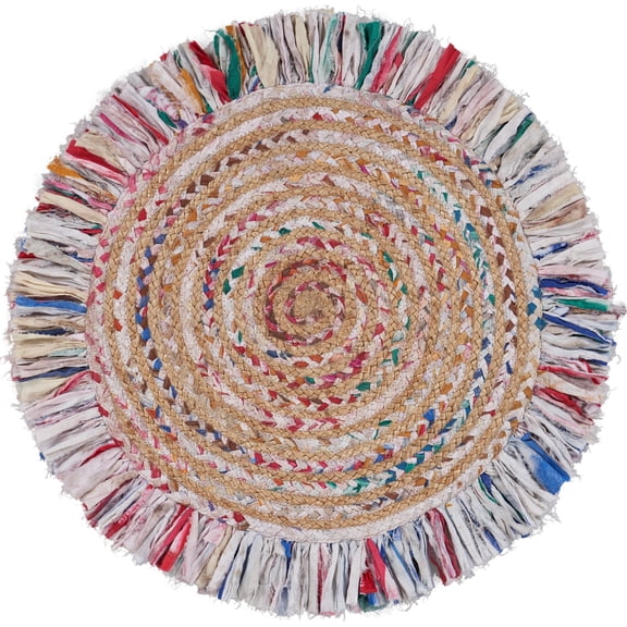 Desert Fields and Evette Rios Cora 3'6" Round Pastel Cotton and Jute Striped Fringe Indoor Area Rug