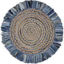 Desert Fields and Evette Rios Cora 5'6" Round Denim Blue Cotton and Jute Striped Fringe Indoor Area Rug