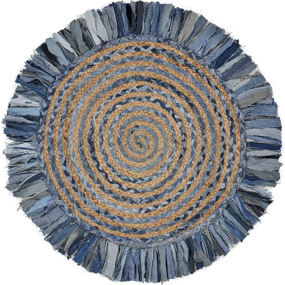 Desert Fields and Evette Rios Cora 5'6" Round Denim Blue Cotton and Jute Striped Fringe Indoor Area Rug