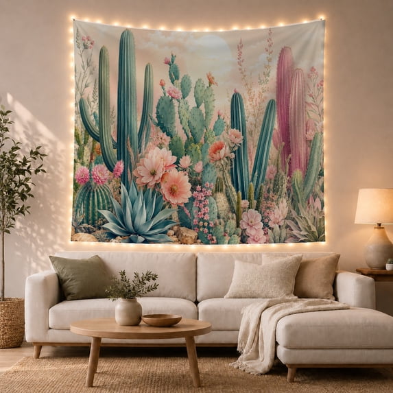 Desert Filled Variety with Cacti Succulents Foreground, Nostalgic Vintage for Botanical Art Lovers, Wall Decor, Mother'S Day Gift, Tapestry Wall Hanging for Dorm and Living Room