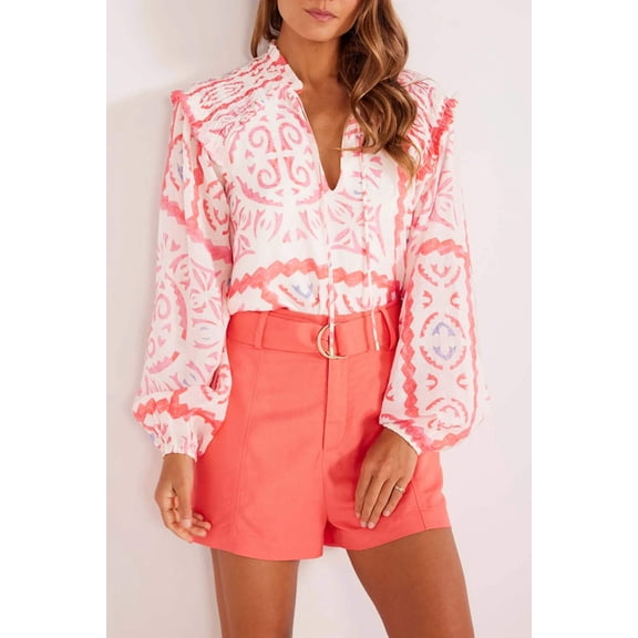 Desert Flower Vintage Print Smocked Poet Collar Billowy Blouson Sleeves Blouse