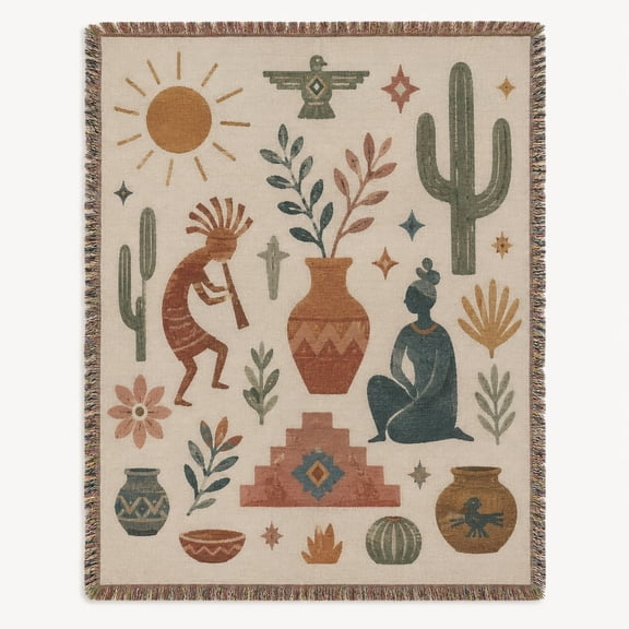 Desert Folk Art Woven Cotton Throw Blanket with Fringe