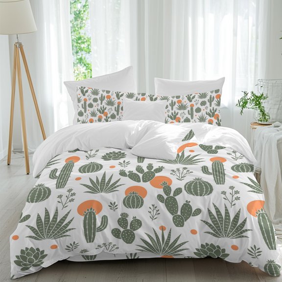 Desert Full Duvet Cover Set, Modern Boho Saguaro Desert Cactus Agave Plant Leaves Green 4 Piece Soft Cozy Comforter Cover Bedding Set with Zipper, 1 Duvet Cover, 1 Flat Sheet, 2 Pillowcase