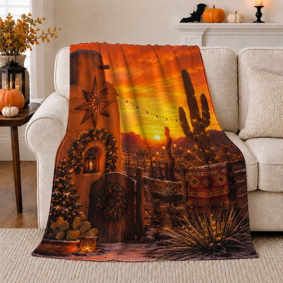 Desert Gate with Lantern and decorative motif, Warm Southwestern Style for Desert Lovers, Sunset Ranch Entry Scene and Housewarming Gift, Cozy Flannel Blanket for Cabin and Ranch House, Home Decor