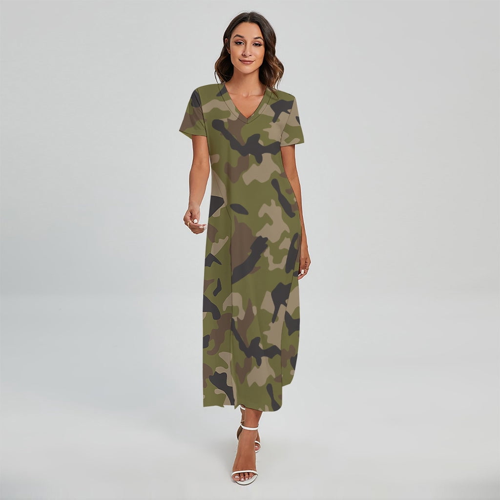 NOBRAND Army Green Digital Camo Pattern Printed Short Sleeve Maxi Dress, Camo Camouflage Fashion Summer Maxi Dress For Women, Women's, Size: Medium