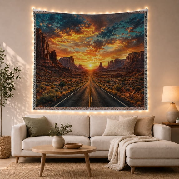 Desert Highway at Sunset in Red Rock Canyon, Majestic Boho for Road Trip Enthusiasts, Western Wall Art Decor, Housewarming Gift, Tapestry Wall Hanging for Living Room and Bedroom