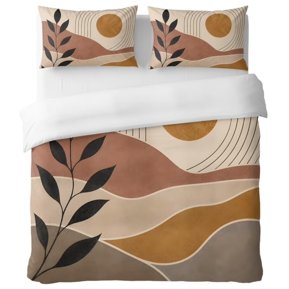 Desert Horizon California King Duvet Cover Set, Boho Minimalist Terracotta Beige Sunset Botanical Decorative 3 Piece Bedding Set with Zipper Closure Soft Breathable Comforter Cover & 2 Pillowcases