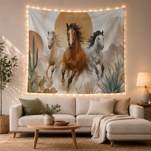 Desert Horses Galloping Through Southwestern Landscape, Dreamy Boho Style for Animal Lovers, Southwestern Home Decor, Housewarming Gift Tapestry Wall Hanging for Living Room, Bedroom and Dorm