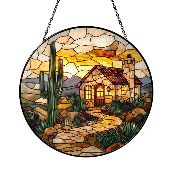 Desert House With Cactus Scene Stained Glass Style Window Hanging Suncatcher, Warm Southwest Home Decor Gift