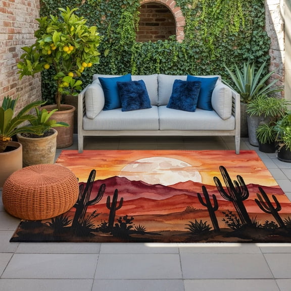 Desert Indoor Outdoor Rugs 3x5 Ft, Nature Cactus Moon Red Mountains Landscape Outdoor Patio Rugs Mat Washable Outside Area Rugs Carpet for Porch Deck RV Camping Pool Balcony Backyard