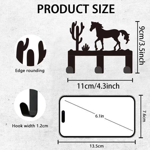 Desert Key Holder Black Iron Hooks Wall Mounted Horse Rack with 3 Hooks Small Key Hangers House Key Holder for Keys Bag Dog Leash Storage Wall Decorative Entryway