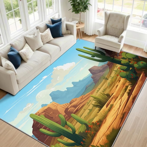 Desert Landscape Area Rugs, Cactus Southwestern Pattern Carpet, Washable Non Slip Low Pile Soft Rug for Living Room Bedroom Decor Mat 5x8ft