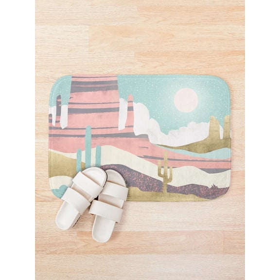 Desert Landscape Bath Mat, Cactus Canyon Dunes Bathroom Rug, Aqua Pink Coral Abstract Floor Mat
