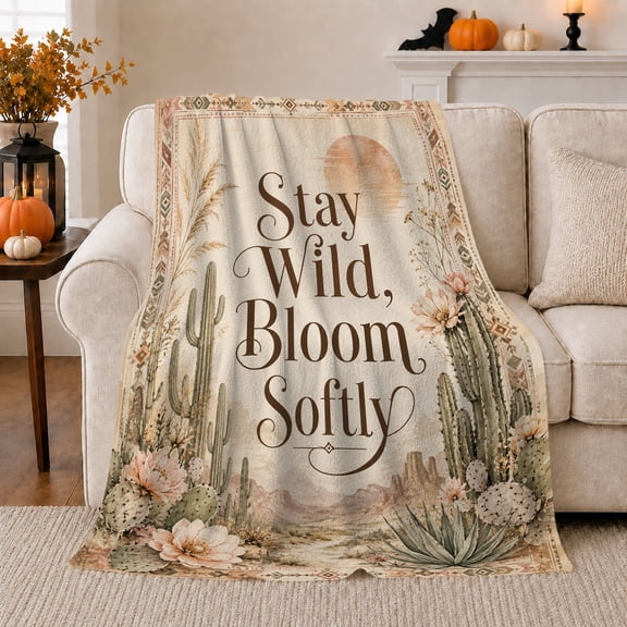 Desert Landscape Bloom Softly Geometric Border, Peaceful Botanical Garden Scene, Warm Flannel Blanket for Sunroom and Reading Nook, Garden Lovers Housewarming Gift, Artistic Home Decor