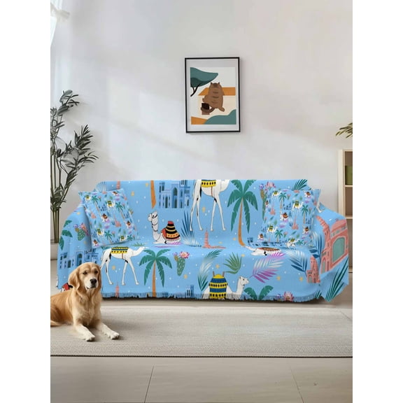 Desert Landscape Couch Cover, Cute Camels Palm Trees Houses Leaves Blue Sofa Cover Blanket for Loveseat Couches, Sectional Sofa Slipcover Furniture Protector for Living Room Bedroom 71''x118''