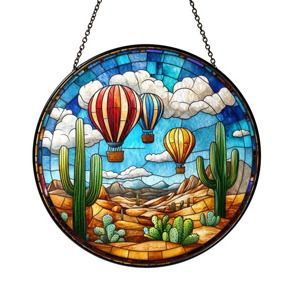Desert Landscape Hot Air Balloon Stained Glass Window Hanging, Adventurous Nature Suncatcher Home Accent