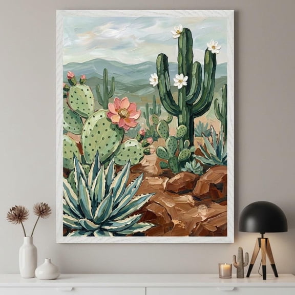 Desert Landscape Impasto Wall Art Saguaro Cactus Floral Decor Prickly Pear Agave Boho Botanical Unframed Paper Print