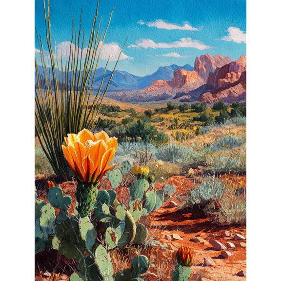 Desert Landscape Oil Canvas Print, Cactus Bloom Decor for Living Room, Office, Patio, Home