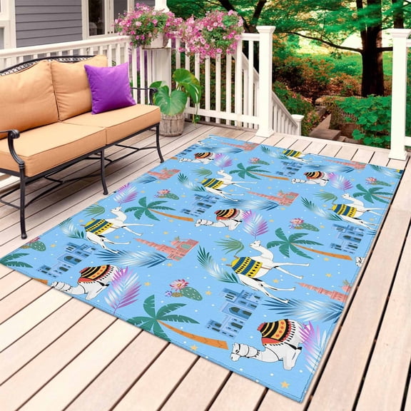 Desert Landscape Outdoor Rug 6x9 Ft, Non Slip Washable Area Rug, Cute Camels Palm Trees Houses Leaves Blue Patio Rugs Carpet Runner, Large Floor Mat for Indoor/Outdoor Deck Porch Camping