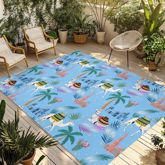 Desert Landscape Outdoor Rug for Patio/Deck/Porch, Non-Slip Large Area Rug 6 x 9 Ft, Cute Camels Palm Trees Houses Leaves Blue Indoor Outdoor Rugs Washable Area Rugs, Camping Rug Carpet Runner