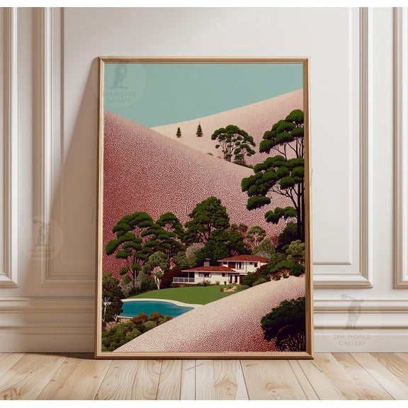 Desert Landscape Poster Mid Century Modern House Print Retro Nature Scene Wall Art