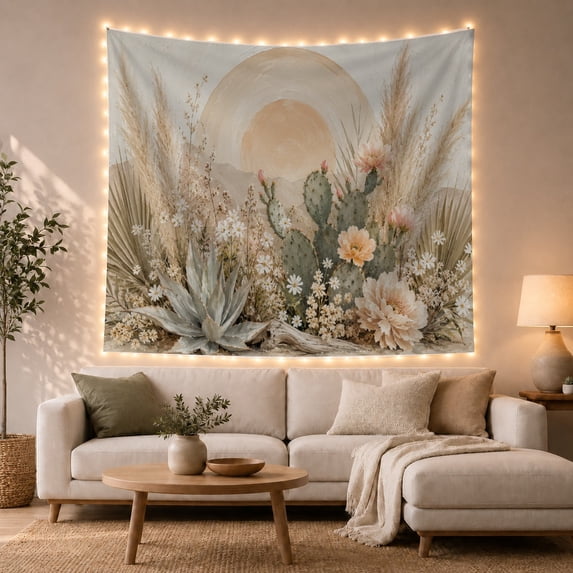 Desert Landscape with Prickly Pear Cacti and Wildflowers Serene Boho for Plant Lovers, Botanical Wall Art Birthday Gift, Tapestry Wall Hanging for Bedroom and Living Room