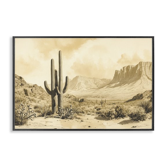 Stupell Industries Desert Landscape Sepia Cacti Black Framed Giclee Art, design by Petal Prints Design
