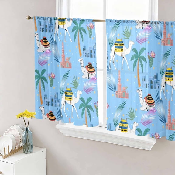 Desert Landscape Sheer Curtains 45 Inches Length 2 Panels Set, Window Sheer Curtains for Living Room/Bedroom, Cute Camels Palm Trees Houses Leaves Blue Light Filtering Rod Pocket Curtain 52''x45''x2