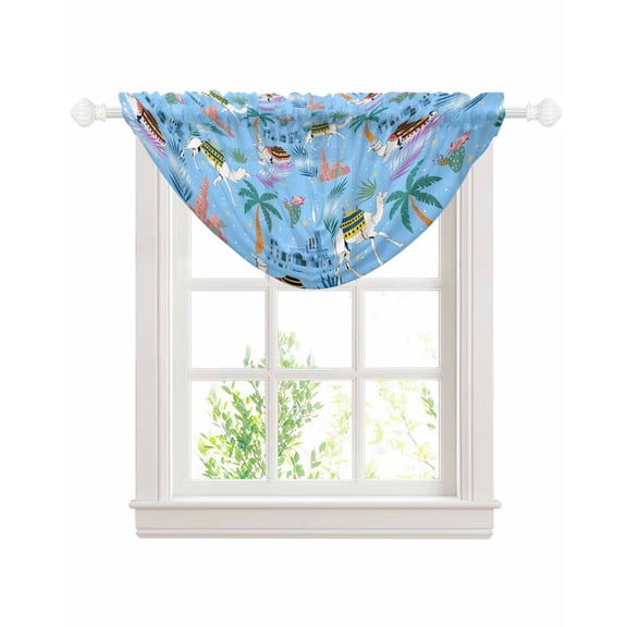 Desert Landscape Sheer Waterfall Valance Curtains for Window, Cute Camels Palm Trees Houses Leaves Blue Rod Pocket Sheer Topper Swag Curtains for Living Room, Kitchen 38.5"W x 47.2"L, 1 Panel