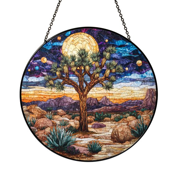 Desert Landscape Stained Glass Panel with Joshua Tree Scenery, Warm Southwest Inspired Window Art