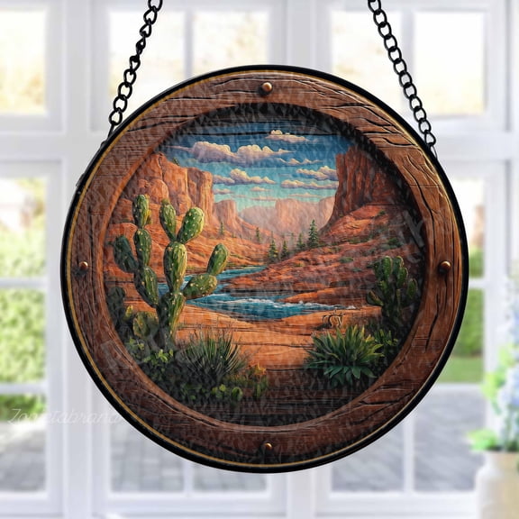 Desert Landscape Stained Glass Suncatcher Metal Outdoor Decor Southwestern Scenic Vibrant Multi-color