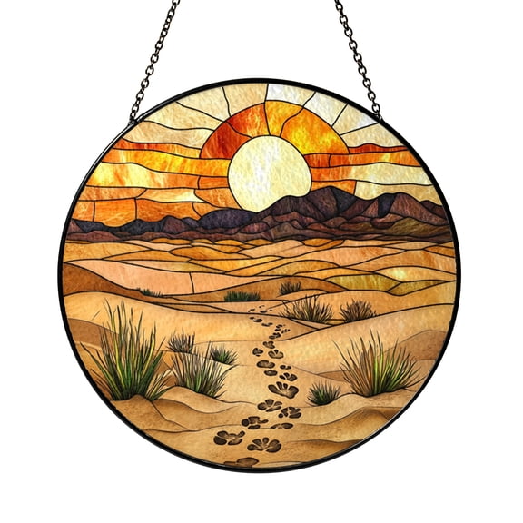 Desert Landscape Stained Glass Suncatcher Window Hanging Decor, Round Desert Hills and Sunset Glass Art Panel, Decorative Nature Scene Window Ornament for Home Decor