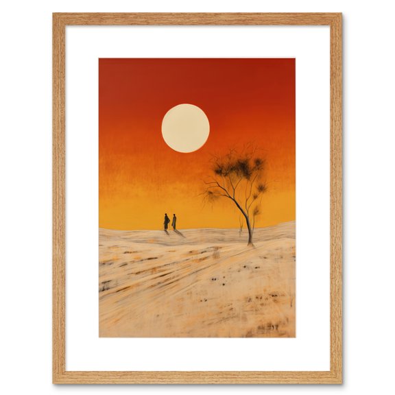 Desert Landscape Sunset Sun Oil Painting Amber Orange Yellow Windswept Dunes Artwork Framed Wall Art Print 9X7 Inch