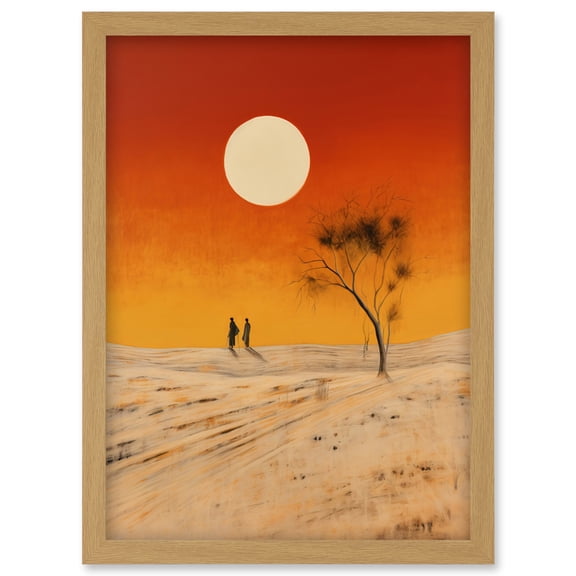 Desert Landscape Sunset Sun Oil Painting Amber Orange Yellow Windswept Dunes Artwork Framed Wall Art Print A4