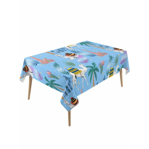 Desert Landscape Table Cloth, Waterproof Tablecloth for Rectangle Tables, Cute Camels Palm Trees Houses Leaves Blue Reusable Washable Fabric Table Cover for Restaurant Kitchen Dining Tables 54"x108"