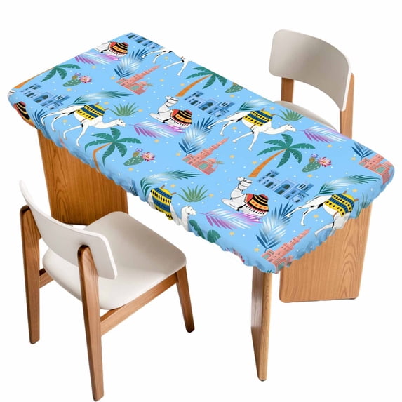 Desert Landscape Table Cloths for 4 Foot Rectangle Tables, Cute Camels Palm Trees Houses Leaves Blue Patio Waterproof Elastic Fitted Tablecloths, Washable Rectangular Table Cover for Camping