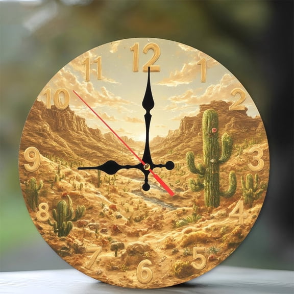 Desert Landscape Wall Clock Cactus Scenery Home Decor 10-Inch Silent Wooden Wall Clock, Battery Operated (AA Batteries Not Included), Artistic Home Decor