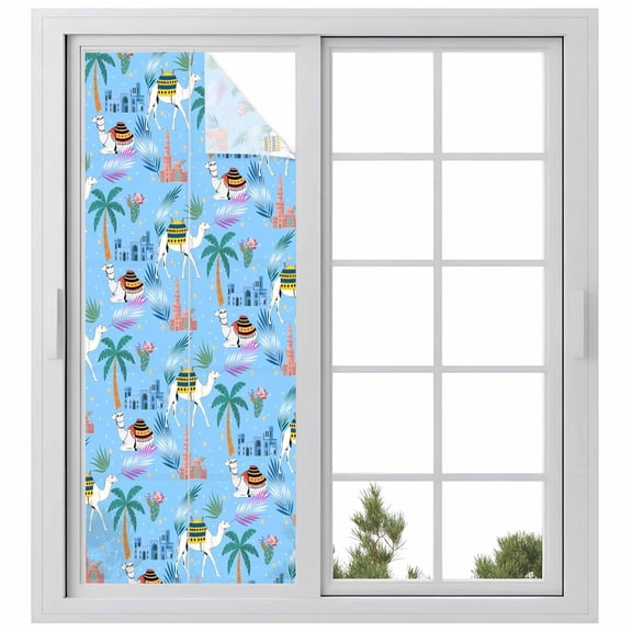 Desert Landscape Window Privacy Film, Cute Camels Palm Trees Houses Leaves Blue Static Cling UV Sun Blocking Heat Control Window Tint Day and Night, Non-Adhesive One Way Privacy Cover 23.6''x59''