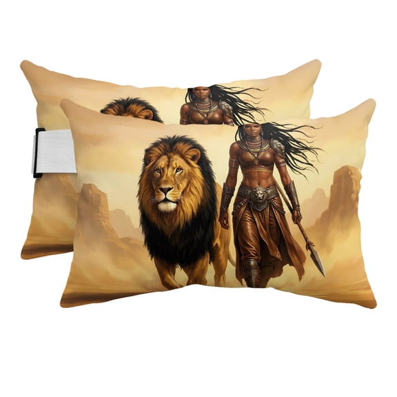 Desert Lion African Women Outdoor Pillows for Chaise Lounge Chair Beach Headrest Pillow Set of 2 Waterproof Lumbar Pillows with Insert&Strap Retro Tribal Southwest Ethnic Pool Pillow 12"x20"